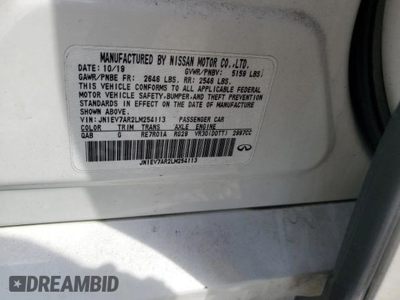 2020 Infiniti Q50 Luxe with VIN JN1EV7AR2LM254113, listed as a Copart auction lot 53379655 with 56,099 mi miles and Salvage title. Bid and sale history available at DreamBid. Image 13.