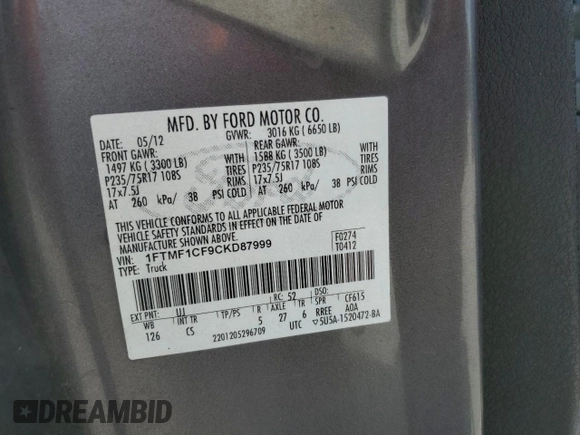 2012 Ford F-150 XL with VIN 1FTMF1CF9CKD87999, listed as a Copart auction lot 56115155 with 217,409 mi miles and Salvage title. Bid and sale history available at DreamBid. Image 12.