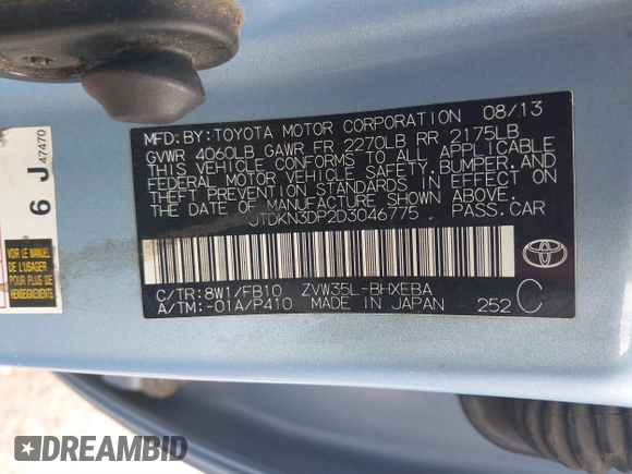 2013 Toyota Prius z VIN JTDKN3DP2D3046775, wystawiony jako IAAI lot #41723012 z przebiegiem 234 306 mil mil oraz . Historia ofert i sprzedaży dostępna na DreamBid. Obrazek 9.