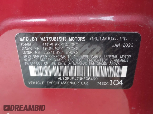 2022 Mitsubishi Mirage ES z VIN ML32FUFJ7NHF06499, wystawiony jako IAAI lot #41768320 z przebiegiem 19 331 mil mil oraz . Historia ofert i sprzedaży dostępna na DreamBid. Obrazek 9.