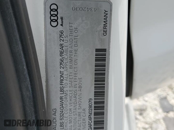 2015 Audi A6 Premium Plus with VIN WAUFGAFC4FN028079, listed as a Copart auction lot 50939535 with 112,696 mi miles and Salvage title. Bid and sale history available at DreamBid. Image 12.