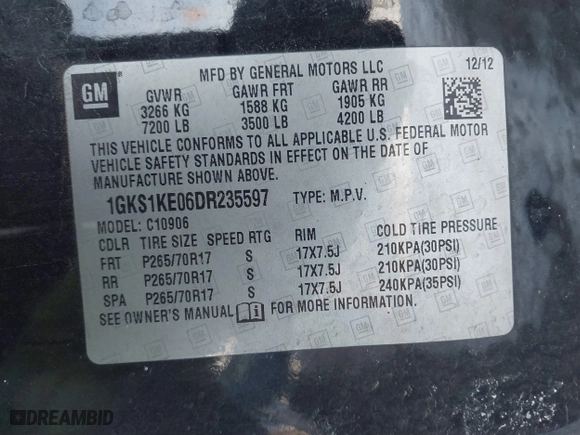 2013 GMC Yukon XL SLT with VIN 1GKS1KE06DR235597, listed as a IAAI auction lot 41315573 with 277,634 mi miles. Bid and sale history available at carsss.com. Image 9.