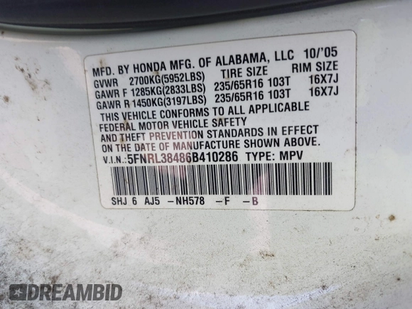 2006 Honda Odyssey EX z VIN 5FNRL38486B410286, wystawiony jako IAAI lot #41641433 z przebiegiem 145 312 mil mil oraz . Historia ofert i sprzedaży dostępna na DreamBid. Obrazek 9.