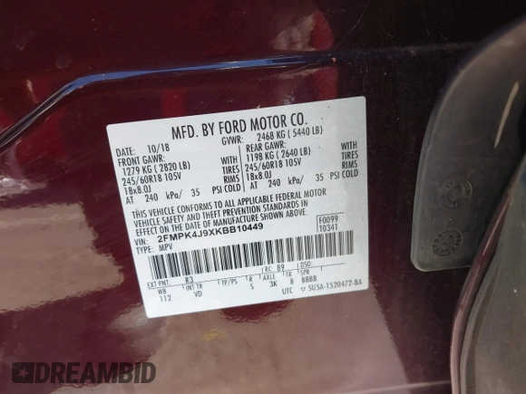 2019 Ford Edge SEL z VIN 2FMPK4J9XKBB10449, wystawiony jako IAAI lot #41614536 z przebiegiem 83 879 mil mil oraz . Historia ofert i sprzedaży dostępna na DreamBid. Obrazek 9.