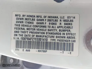 2014 Honda Civic Hybrid with VIN 19XFB4F27EE001410, listed as a IAAI auction lot 41397447 with 124,685 mi miles. Bid and sale history available at carsss.com. Image 9.