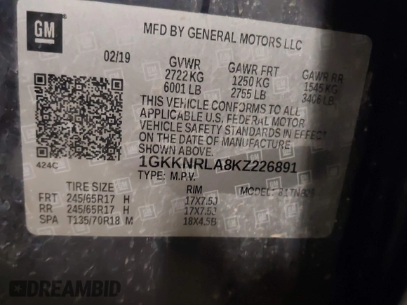 2019 GMC Acadia SLE z VIN 1GKKNRLA8KZ226891, wystawiony jako IAAI lot #40766589 z przebiegiem 123 747 mil mil oraz . Historia ofert i sprzedaży dostępna na DreamBid. Obrazek 9.