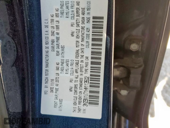 2017 Mazda 3 Touring with VIN 3MZBN1V71HM113502, listed as a Copart auction lot 60278205 with 82,780 mi miles and Salvage title. Bid and sale history available at DreamBid. Image 12.