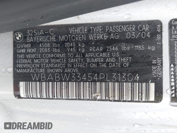2004 BMW 3 Series 325Ci z VIN WBABW33454PL31304, wystawiony jako IAAI lot #42330013 z przebiegiem 147 711 mil mil oraz . Historia ofert i sprzedaży dostępna na DreamBid. Obrazek 9.
