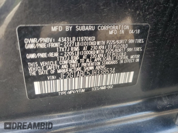 2018 Subaru Crosstrek Premium с VIN JF2GTABC5JH338534, выставлен на аукционе Copart как лот 59577195 с пробегом 54 307 миль миль и Списание • Salvage title. История ставок и продаж доступна на DreamBid. Изображение 13.