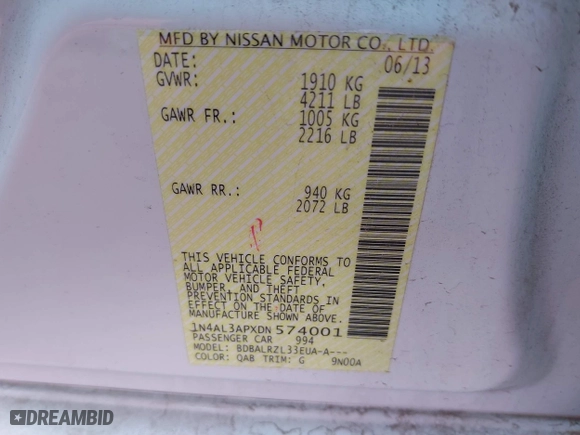 2013 Nissan Altima 2.5 SL with VIN 1N4AL3APXDN574001, listed as a IAAI auction lot 41772266 with 134,674 mi miles. Bid and sale history available at carsss.com. Image 9.