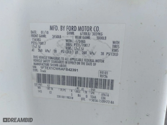 2010 Ford F-150 XL with VIN 1FTEX1CW6AFB42391, listed as a IAAI auction lot 36584648 with 274,503 mi miles. Bid and sale history available at carsss.com. Image 9.