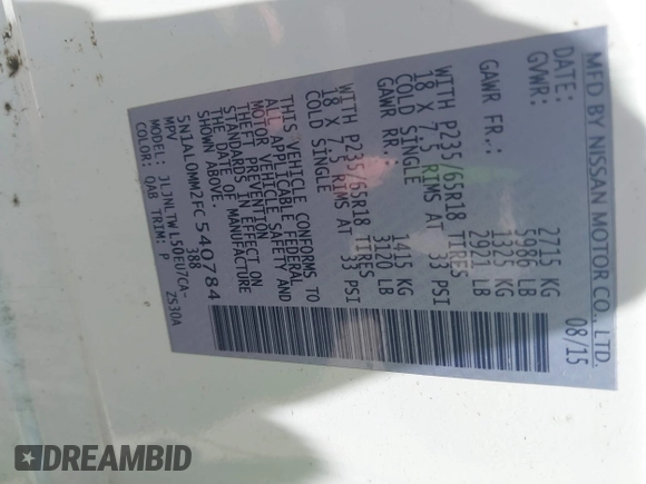 2015 Infiniti QX60 with VIN 5N1AL0MM2FC540784, listed as a IAAI auction lot 42226443 with 108,638 mi miles and . Bid and sale history available at DreamBid. Image 9.