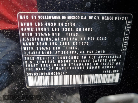 2024 Volkswagen Taos S с VIN 3VV8X7B24RM095647, выставлен на аукционе Copart как лот 61151435 с пробегом 4 618 миль миль и Списание • Salvage title. История ставок и продаж доступна на DreamBid. Изображение 13.