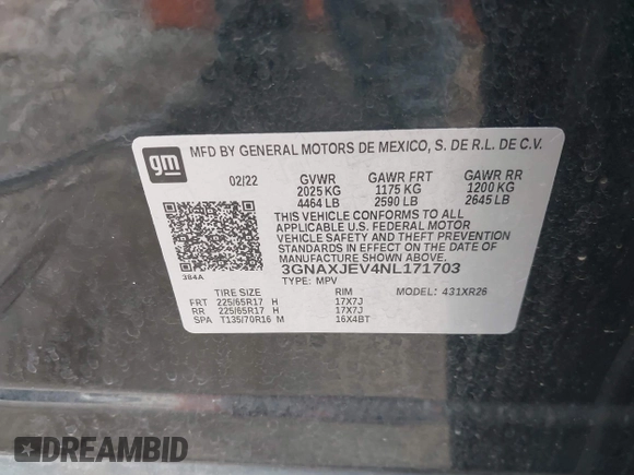 2022 Chevrolet Equinox LT z VIN 3GNAXJEV4NL171703, wystawiony jako IAAI lot #42294884 z przebiegiem 80 361 mil mil oraz . Historia ofert i sprzedaży dostępna na DreamBid. Obrazek 9.