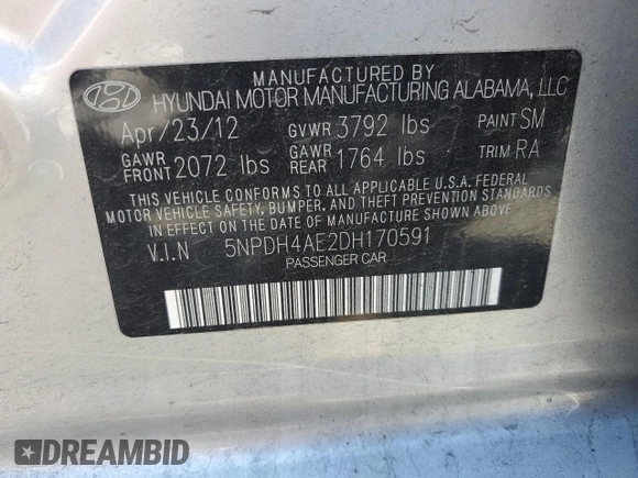 2013 Hyundai Elantra GLS with VIN 5NPDH4AE2DH170591, listed as a Copart auction lot 64771405 with 99,651 mi miles and Salvage title. Bid and sale history available at DreamBid. Image 13.