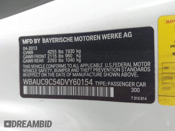 2013 BMW 1 Series 135i with VIN WBAUC9C54DVY60154, listed as a IAAI auction lot 42354743 with 159,571 mi miles and . Bid and sale history available at DreamBid. Image 9.