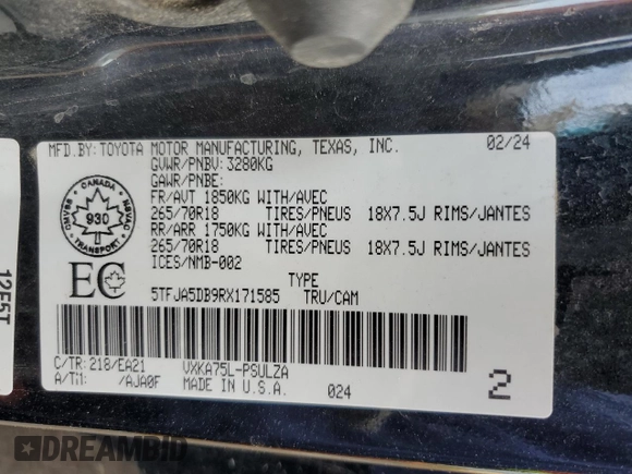2024 Toyota Tundra Limited z VIN 5TFJA5DB9RX171585, wystawiony jako Copart lot #54882485 z przebiegiem Nie podano mil oraz Szkoda całkowita • Salvage title. Historia ofert i sprzedaży dostępna na DreamBid. Obrazek 13.