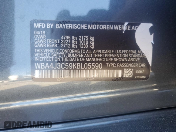 2019 BMW 4 Series 430i xDrive z VIN WBA4J3C59KBL05590, wystawiony jako Copart lot #57723065 z przebiegiem Nie podano mil oraz Szkoda całkowita • Salvage title. Historia ofert i sprzedaży dostępna na DreamBid. Obrazek 12.