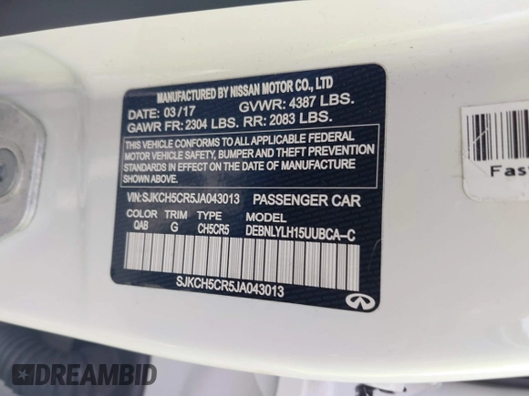 2018 Infiniti QX30 Premium with VIN SJKCH5CR5JA043013, listed as a IAAI auction lot 40327823 with 78,630 mi miles and . Bid and sale history available at DreamBid. Image 9.