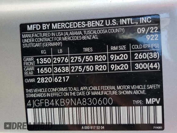 2022 Mercedes-Benz GLE 350 with VIN 4JGFB4KB9NA830600, listed as a Copart auction lot 46502195 with 43,251 mi miles and Salvage title. Bid and sale history available at DreamBid. Image 13.