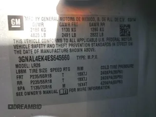 2014 Chevrolet Captiva Sport LTZ with VIN 3GNAL4EK4ES645660, listed as a Copart auction lot 75703184 with Not Provided miles and Salvage Title. Bid and sale history available at DreamBid. Image 13.