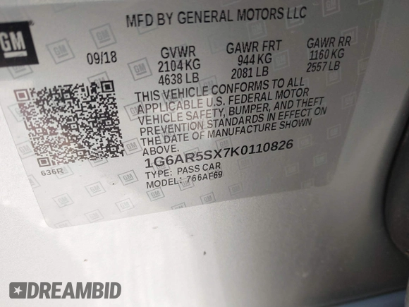 2019 Cadillac CTS Luxury RWD with VIN 1G6AR5SX7K0110826, listed as a IAAI auction lot 41596118 with 58,387 mi miles and . Bid and sale history available at DreamBid. Image 9.