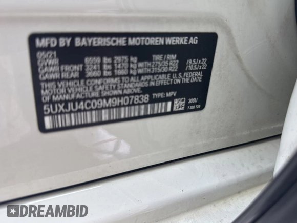 2021 BMW X5 M50i with VIN 5UXJU4C09M9H07838, listed as a Copart auction lot 47020525 with 57,200 mi miles and Clean Title. Bid and sale history available at carsss.com. Image 10.