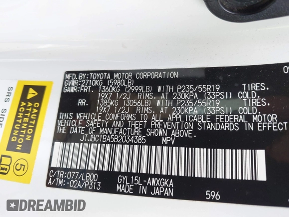 2011 Lexus RX 450h with VIN JTJBC1BA5B2034385, listed as a IAAI auction lot 41778317 with 151,894 mi miles and . Bid and sale history available at DreamBid. Image 9.