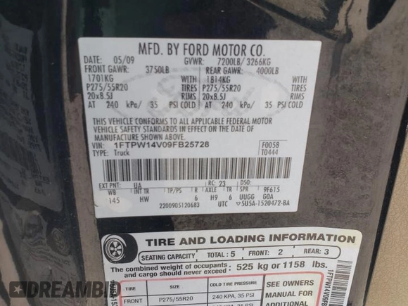 2009 Ford F-150 XL with VIN 1FTPW14V09FB25728, listed as a Copart auction lot 61993255 with 342,183 mi miles and Salvage title. Bid and sale history available at DreamBid. Image 12.