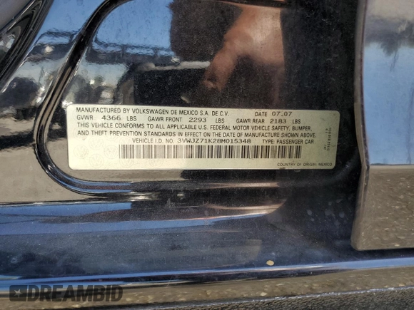 2008 Volkswagen Jetta Sedan S with VIN 3VWJZ71K28M015348, listed as a Copart auction lot 68315394 with 114,837 mi miles and Salvage Title. Bid and sale history available at carsss.com. Image 14.