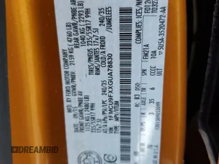 2016 Ford Escape с VIN 1FMCU9FXXGUA78830, выставлен на аукционе Copart как лот 59190955 с пробегом Не указан миль и Списание • Salvage title. История ставок и продаж доступна на DreamBid. Изображение 14.