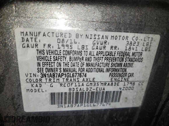 2016 Nissan Sentra SR with VIN 3N1AB7AP1GL677674, listed as a Copart auction lot 87442834 with 144,443 mi miles and Salvage Title. Bid and sale history available at DreamBid. Image 12.