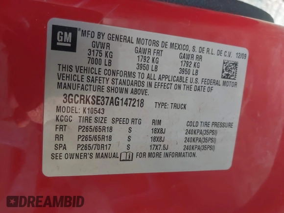 2010 Chevrolet Silverado 1500 LT with VIN 3GCRKSE37AG147218, listed as a IAAI auction lot 41827607 with 281,697 mi miles and . Bid and sale history available at DreamBid. Image 9.