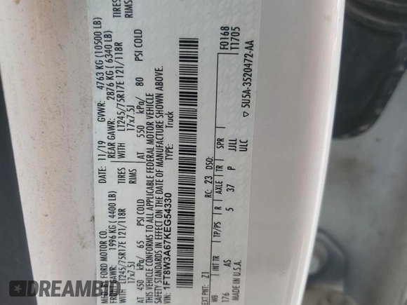 2019 Ford F-350 XL with VIN 1FT8W3A67KEG54330, listed as a Copart auction lot 57588535 with 247,040 mi miles and Salvage title. Bid and sale history available at DreamBid. Image 12.