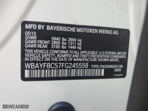 2015 BMW 7 Series 750Li xDrive with VIN WBAYF8C57FG245558, listed as a Copart auction lot 43643365 with 87464 miles and Salvage Title. Bid and sale history available at carsss.com. Image 12.