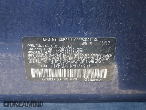 2022 Subaru WRX Limited with VIN JF1VBAN61N8027810, listed as a IAAI auction lot 41728576 with 25,282 mi miles. Bid and sale history available at carsss.com. Image 9.