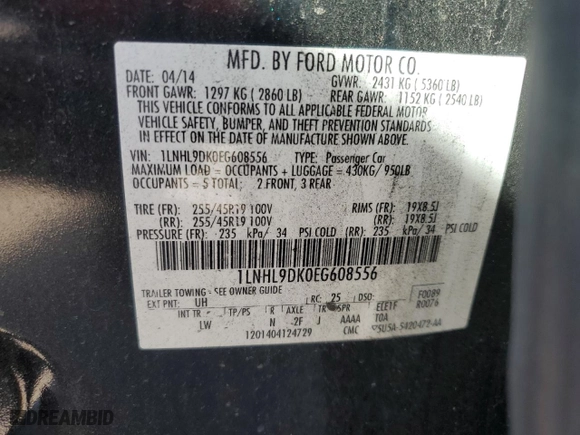 2014 Lincoln MKS with VIN 1LNHL9DK0EG608556, listed as a Copart auction lot 43028275 with 145,538 mi miles and Salvage Title. Bid and sale history available at carsss.com. Image 13.