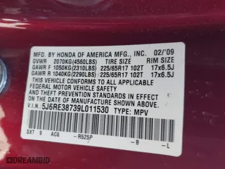 2009 Honda CR-V EX-L with VIN 5J6RE38739L011530, listed as a IAAI auction lot 41988642 with 1 mi miles. Bid and sale history available at carsss.com. Image 9.