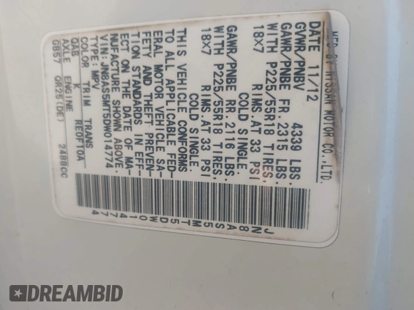 2013 Nissan Rogue S with VIN JN8AS5MT5DW014774, listed as a IAAI auction lot 41649034 with 124,962 mi miles and . Bid and sale history available at DreamBid. Image 9.