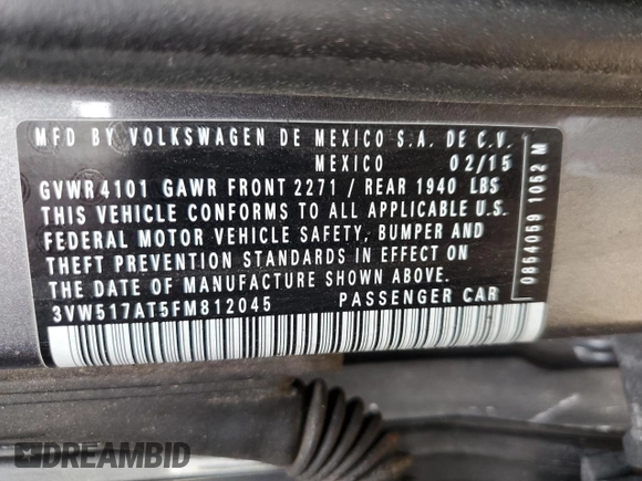 2015 Volkswagen Beetle 1.8T w/Tech with VIN 3VW517AT5FM812045, listed as a Copart auction lot 49538615 with Not Provided miles and Salvage Title. Bid and sale history available at DreamBid. Image 12.
