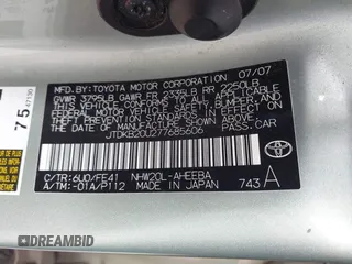 2007 Toyota Prius z VIN JTDKB20U277685606, wystawiony jako IAAI lot #42275241 z przebiegiem 291 225 mil mil oraz . Historia ofert i sprzedaży dostępna na DreamBid. Obrazek 9.
