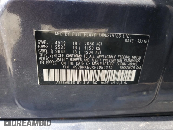 2015 Subaru Legacy Premium с VIN 4S3BNAE6XF3052319, выставлен на аукционе Copart как лот 62329645 с пробегом 170 799 миль миль и На запчасти • Non repairable. История ставок и продаж доступна на DreamBid. Изображение 12.