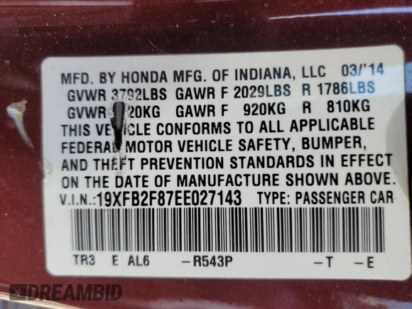 2014 Honda Civic Sedan EX with VIN 19XFB2F87EE027143, listed as a Copart auction lot 57973734 with 135,664 mi miles and Salvage Title. Bid and sale history available at carsss.com. Image 12.
