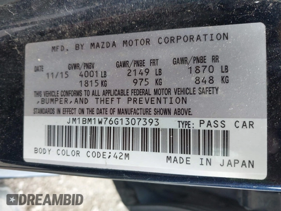 2016 Mazda 3 i Touring with VIN JM1BM1W76G1307393, listed as a IAAI auction lot 42527777 with 134,122 mi miles and . Bid and sale history available at DreamBid. Image 9.