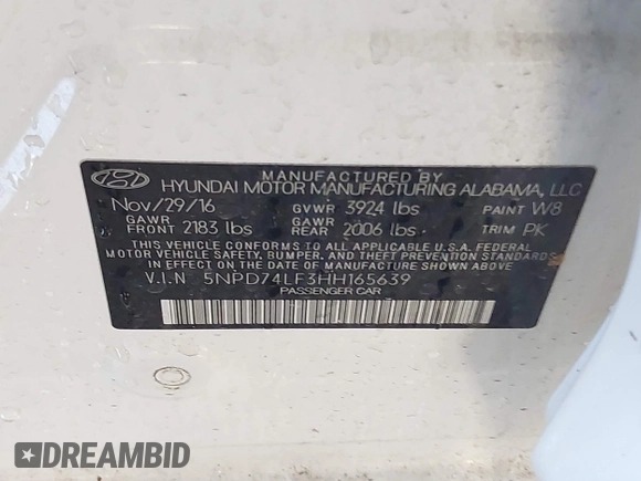 2017 Hyundai Elantra SE with VIN 5NPD74LF3HH165639, listed as a IAAI auction lot 42158157 with 123,352 mi miles and . Bid and sale history available at DreamBid. Image 9.