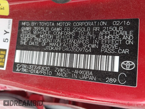 2016 Toyota Prius Four with VIN JTDKARFU4G3509764, listed as a IAAI auction lot 41790044 with 106,037 mi miles. Bid and sale history available at carsss.com. Image 9.