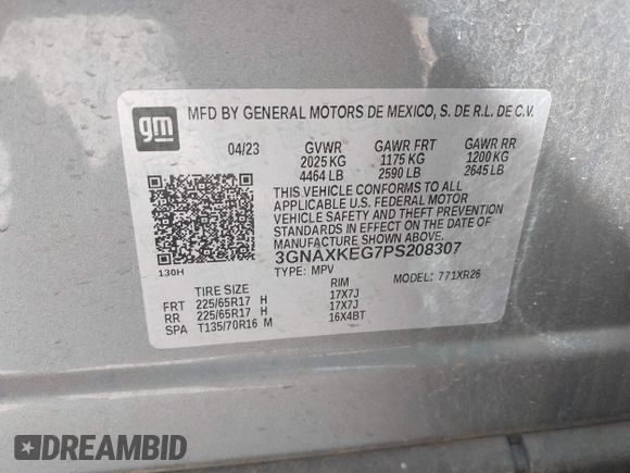 2023 Chevrolet Equinox LT with VIN 3GNAXKEG7PS208307, listed as a IAAI auction lot 41846548 with 47,543 mi miles and . Bid and sale history available at carsss.com. Image 9.