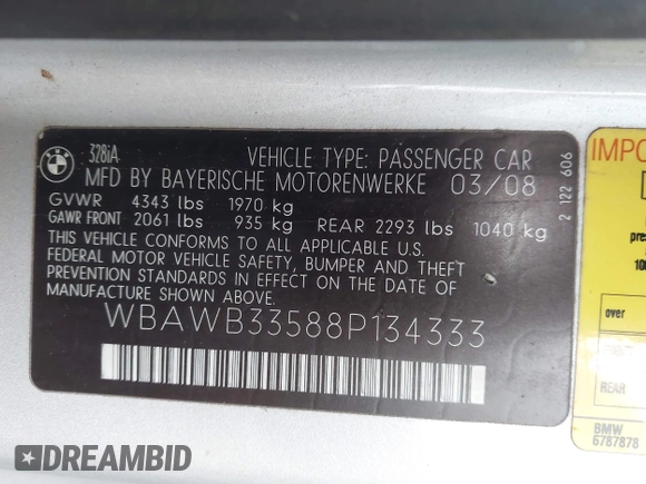 2008 BMW 3 Series 328i with VIN WBAWB33588P134333, listed as a IAAI auction lot 41217964 with 171,541 mi miles. Bid and sale history available at carsss.com. Image 9.