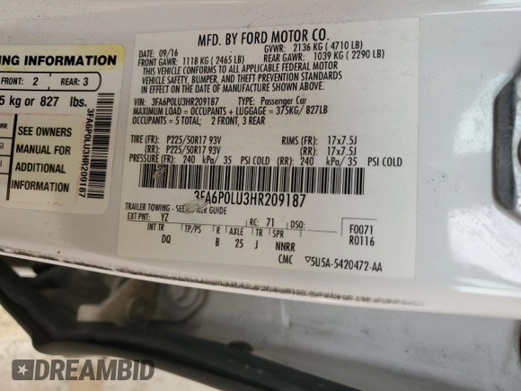 2017 Ford Fusion Hybrid SE with VIN 3FA6P0LU3HR209187, listed as a Copart auction lot 58320045 with 161,449 mi miles and Salvage title. Bid and sale history available at DreamBid. Image 12.