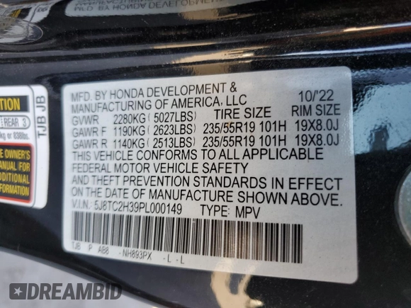 2023 Acura RDX with VIN 5J8TC2H39PL000149, listed as a Copart auction lot 83697054 with 38,392 mi miles and Salvage Title. Bid and sale history available at carsss.com. Image 13.